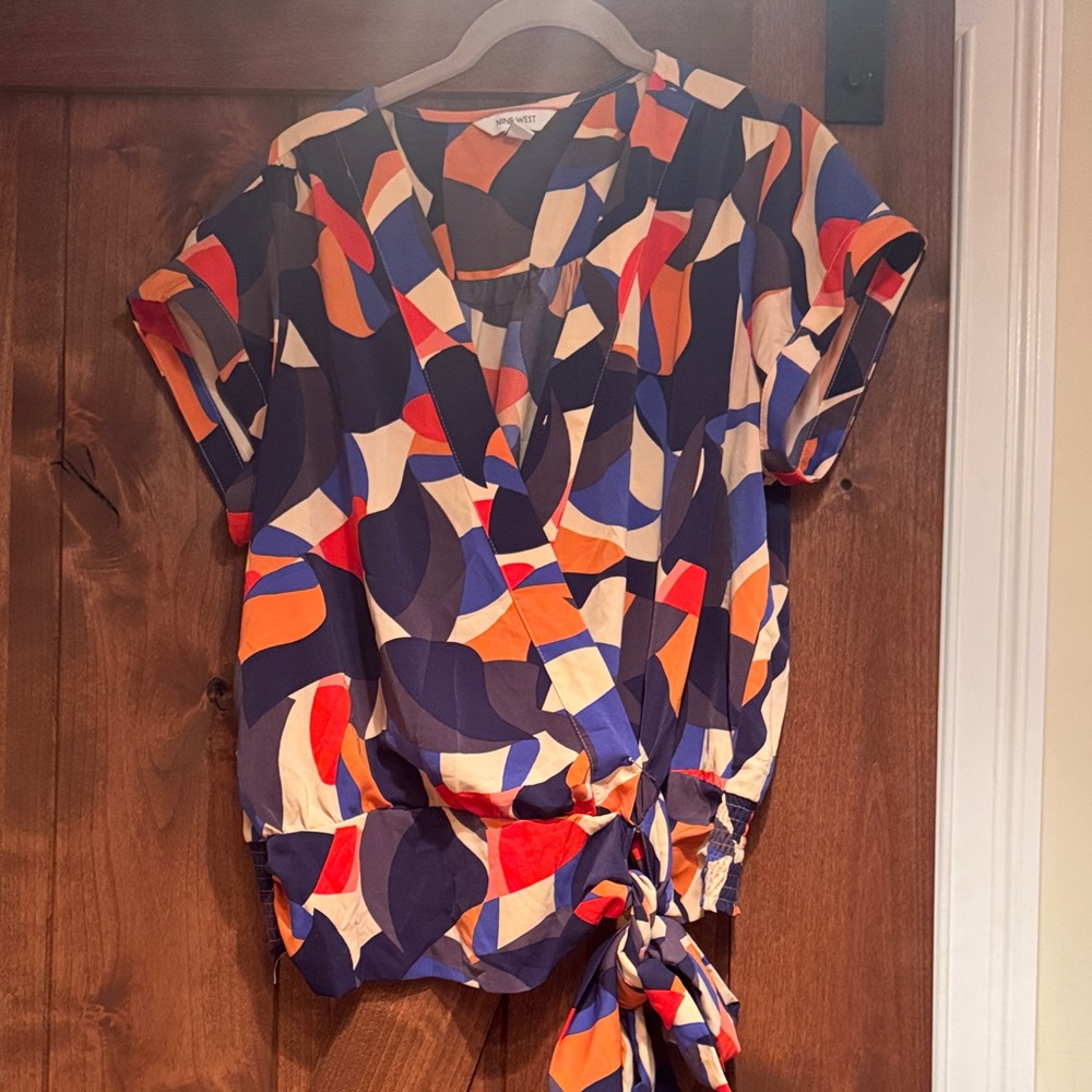 Abstract Wrap Front Short Sleeve Top - Navy Multi